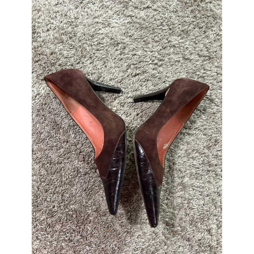 VTG Circa Joan & David Brown Suede Croc Embossed Pointed Toe Pumps Heels 8